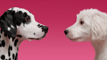 This image captures a heartwarming moment between a Dalmatian and a fluffy white dog, highlighting their unique features against a vibrant pink backdrop.の素材