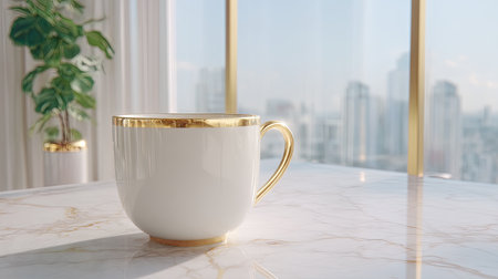 A sophisticated white coffee cup with a gold rim sits elegantly on a marble table, offering a serene view of a bustling city skyline through large windows.の素材