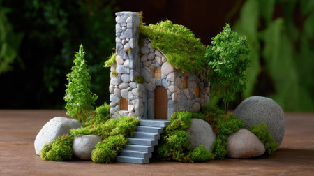 This captivating image showcases a miniature stone cottage adorned with lush greenery and natural rocks, creating a serene and artistic representation of tranquility.の素材