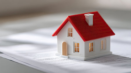 A charming model house with a bright red roof sits atop documents, symbolizing the intricacies of home ownership, investments, and the real estate process.の素材