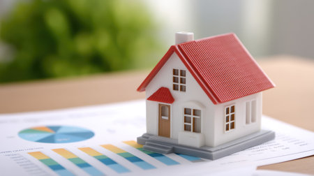 A small model house stands on a desk with financial graphs and charts in the background, symbolizing real estate market analysis and trends.の素材
