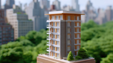A finely detailed architectural model of a modern high-rise building crafted in a vibrant urban setting with abundant greenery and a dynamic city skyline.の素材