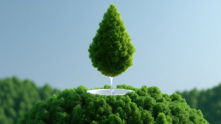 A striking image of a solitary green tree on a smooth round platform, surrounded by vibrant foliage under a clear blue sky, symbolizing harmony with nature.の素材