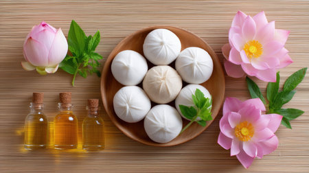 This composition features essential oils in glass bottles, herbal ingredients, and beautiful flowers designed for relaxation and wellness. Perfect for spa settings.の素材