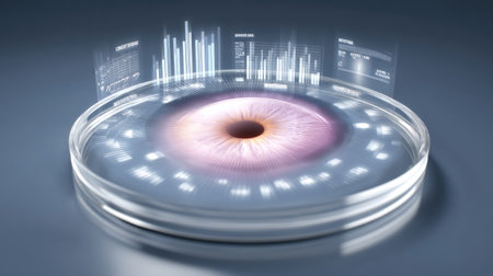A creative illustration showcasing a human eye within a petri dish, complemented by futuristic data visualization elements, merging science and technology.の素材