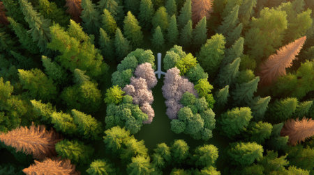 A stunning aerial view of green trees shaped like human lungs, symbolizing health and harmony with nature. The vibrant colors promote environmental awareness.の素材