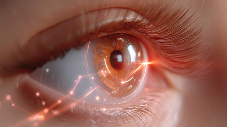 This close-up image showcases a human eye with a vivid iris overlaid by futuristic digital technology. The design emphasizes innovation and exploration in healthcare.の素材
