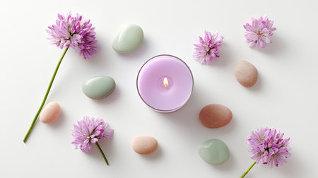 This serene arrangement features a pink candle at the center, surrounded by colorful stones and enchanting flowers, creating a tranquil atmosphere ideal for relaxation.の素材