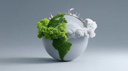 A creative depiction of Earth illustrating the contrast between lush green nature on one side and industrial pollution on the other, expressing environmental themes.の素材