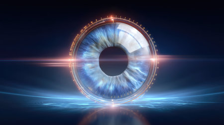 This eye design showcases a blend of futuristic elements with intricate details and light effects, perfect for technology and vision themes.の素材