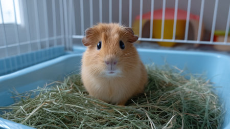 A delightful brown guinea pig sitting comfortably in its cage, surrounded by soft hay, showcasing its inquisitive nature and adorable features.の素材