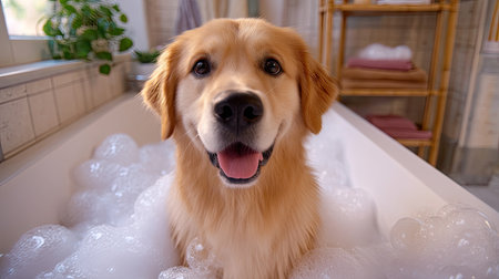 A cheerful golden retriever dog enjoys a bubble bath in a bright indoor setting, capturing a moment of joy and relaxation for pet lovers and dog enthusiasts.の素材
