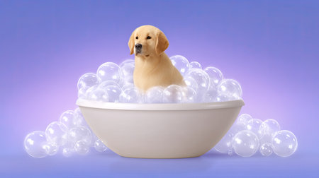 A charming golden retriever puppy enjoys a bubble bath, surrounded by soft bubbles against a vibrant backdrop, showcasing joy and innocence in pet care.の素材