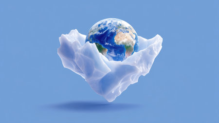 Artistic representation of a floating iceberg cradling the Earth, symbolizing climate change and environmental awareness against a serene blue backdrop.の素材