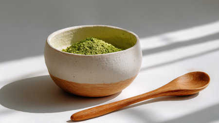 A serene depiction of matcha green tea powder in a beautifully crafted ceramic bowl next to a wooden spoon, captured in soft light, perfect for culinary use.の素材