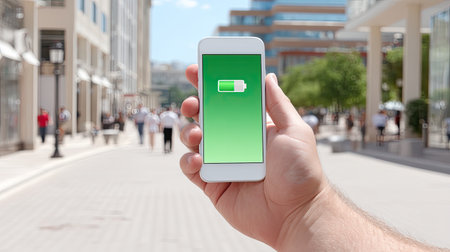 A person holds a smartphone displaying a low battery indicator in a bustling urban area. The scene captures a vibrant city atmosphere with people walking by on a bright day.の素材