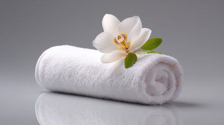 This image features a soft white towel elegantly rolled with a delicate orchid and green leaves, creating a serene and luxurious atmosphere perfect for spa or home decor.の素材