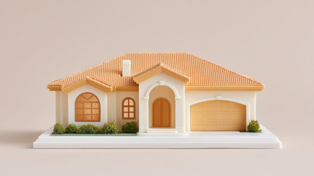This image features a beautiful model of a modern house with an orange roof and cream-colored exterior, perfect for showcasing architectural aesthetics and design concepts.の素材