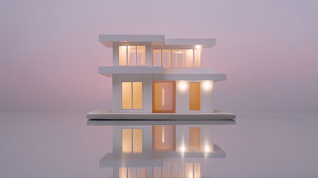 A sleek and modern house design stands out against a soft, dusky background, highlighting the beauty of minimalist architecture with its clean lines and inviting light.の素材