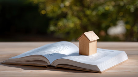 This image features a wooden house model placed on an open book, symbolizing education in real estate and architecture, set against a soft, blurred background.の素材