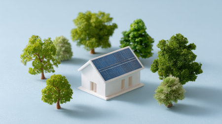 A charming miniature house equipped with solar panels, surrounded by a variety of vibrant green trees, illustrating the essence of eco-friendly living and sustainability.の素材