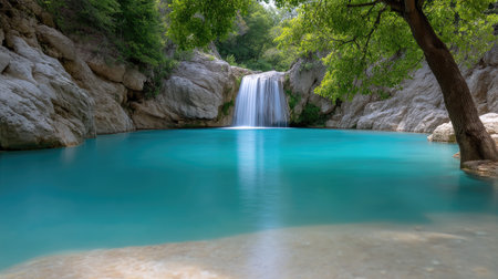 This stunning image captures a waterfall cascading into a bright turquoise pool, framed by lush greenery and rocky formations under radiant sunlight.の素材