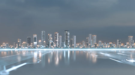 This captivating image showcases a futuristic urban skyline illuminated by glowing lights, reflecting beautifully on a calm water surface at dusk.の素材