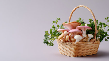 A beautiful arrangement of fresh assorted mushrooms alongside vibrant green herbs in a woven basket, perfect for culinary presentations or healthy cooking inspiration.の素材