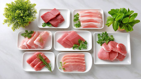 This image showcases various cuts of fresh meat and fish artistically arranged on white plates, complemented by herbs, perfect for culinary displays.の素材