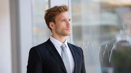 A confident young businessman stands in a modern office, gazing thoughtfully at financial graphs on the glass, embodying ambition and success.の素材