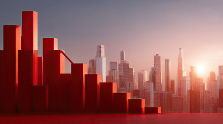 A striking abstract representation of a skyline with red geometric shapes symbolizing growth and success at sunrise, evoking an innovative urban atmosphere.の素材