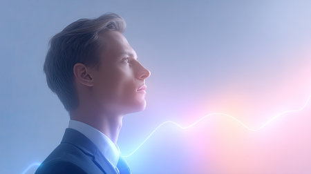 A pensive man in a suit gazes towards the future, illuminated by soft glowing waves. This image captures the essence of ambition, innovation, and inspiration in a modern context.の素材