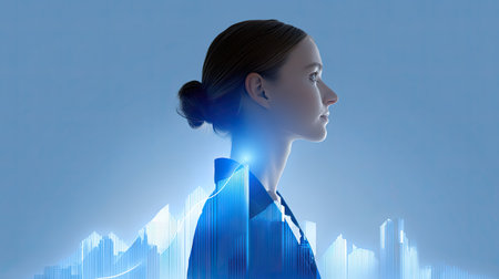 A young professional woman is depicted in profile against a backdrop of digital data visuals, symbolizing innovation and analytical growth in business.の素材