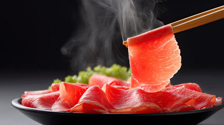 This captivating image showcases freshly sliced raw meat with steam rising, elegantly presented on a dark background, perfect for culinary inspiration.の素材