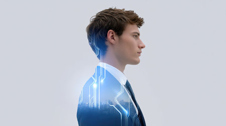 A profile view of a confident man in a business suit, enhanced with a digital overlay that embodies technology and innovation in todayの素材