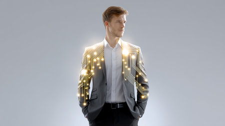 A modern businessman stands confidently in a minimalist studio setting, embellished with futuristic circuitry, symbolizing innovation, technology, and potential.の素材