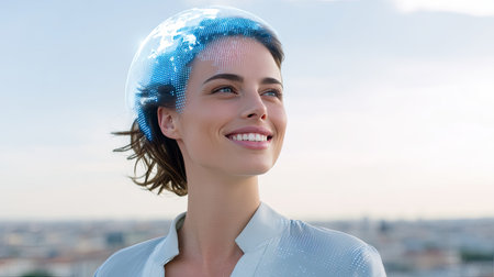 A cheerful woman wearing a futuristic helmet with a digital globe overlay smiles against a bright urban skyline, symbolizing innovation and technology.の素材