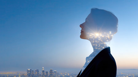 A stunning double exposure of a businesswoman's profile blending seamlessly with a city skyline at dusk, symbolizing ambition and innovation.の素材