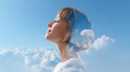 A serene woman gazes upward with eyes closed, reflecting a dreamy sky filled with clouds. This image symbolizes peace, imagination, and aspiration.の素材