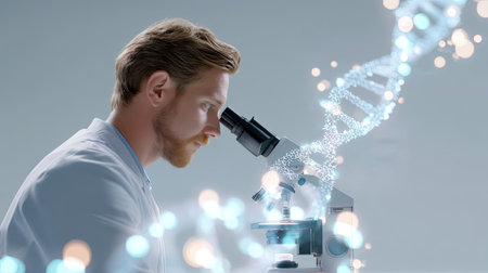 A dedicated male scientist peers through a microscope in a well-equipped laboratory as a digital DNA helix visualization floats alongside, symbolizing advanced research and innovation.の素材