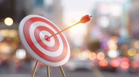 A dart arrow striking the center of a target bullseye, set against a blurred urban background. This image represents focus, goal achievement, and determination in business and personal pursuits.の素材
