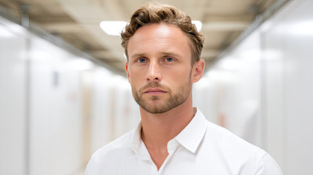 A serious young man poses in a bright, modern hallway, showcasing a clean appearance with a white shirt and confident expression. Perfect for lifestyle themes.の素材
