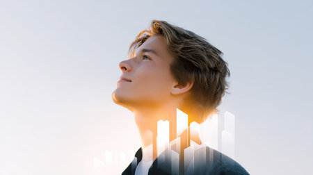 A young man gazes upwards with a hopeful expression against a clear sky, symbolizing growth and success through abstract chart elements in the foreground.の素材