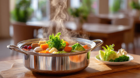 A inviting scene featuring a stainless steel pot of fresh vegetable stew with steam rising, showcasing vibrant ingredients in a cozy dining space.の素材