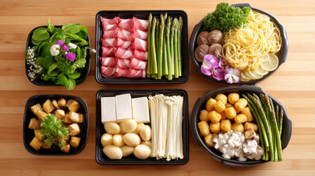 A vibrant display of fresh ingredients for meal preparation, featuring vegetables, assorted meats, and noodles. Perfect for cooking enthusiasts.の素材
