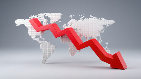 This striking image features a prominent red arrow indicating decline over a dotted world map, symbolizing global economic challenges and market fluctuations.の素材