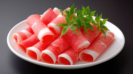 A visually appealing arrangement of freshly sliced pork fatty meat rolls on a white plate, ideal for cooking in hot pot dishes. Perfect for culinary creativity.の素材