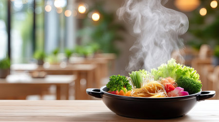 A vibrant hot pot filled with fresh vegetables and steaming broth sits on a wooden table in a bright restaurant. The inviting atmosphere showcases healthy cuisine.の素材