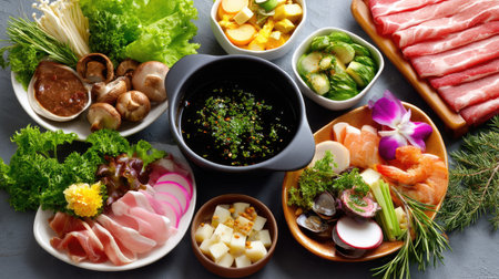A vibrant assortment of hot pot ingredients including fresh vegetables, assorted meats, seafood, and a flavorful dipping sauce, perfect for gatherings.の素材
