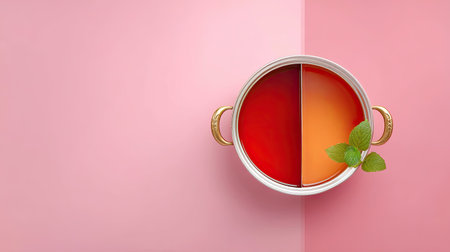 A visually appealing bowl showcasing a two-tone dessert, featuring vibrant red and orange layers, garnished with fresh mint leaves on a pastel pink background.の素材